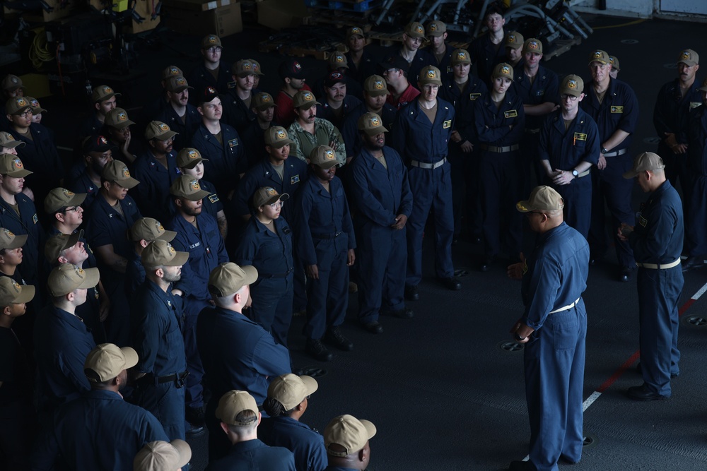 USS Hershel &quot;Woody&quot; Williams holds and All Hands Call