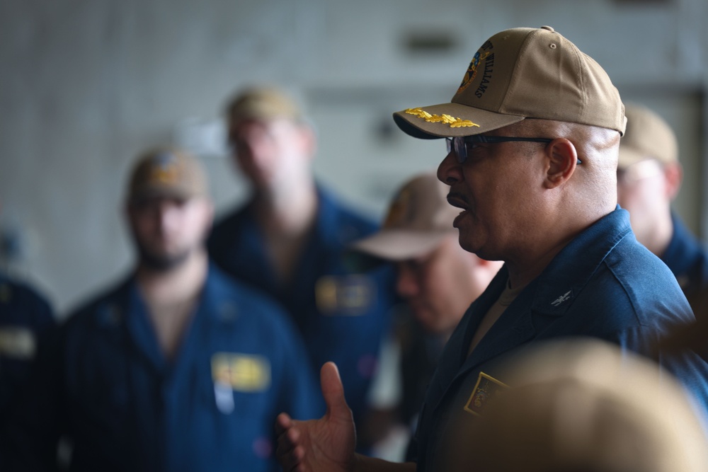 USS Hershel &quot;Woody&quot; Williams holds an All Hands Call