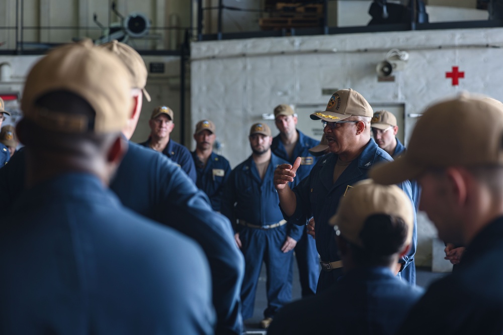 USS Hershel &quot;Woody&quot; Williams holds an All Hands Call