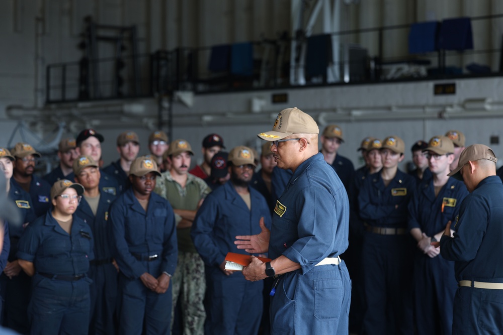 USS Hershel &quot;Woody&quot; Williams holds an All Hands Call