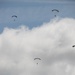 Service members and civilians perform a freefall jump near Amfreville, France