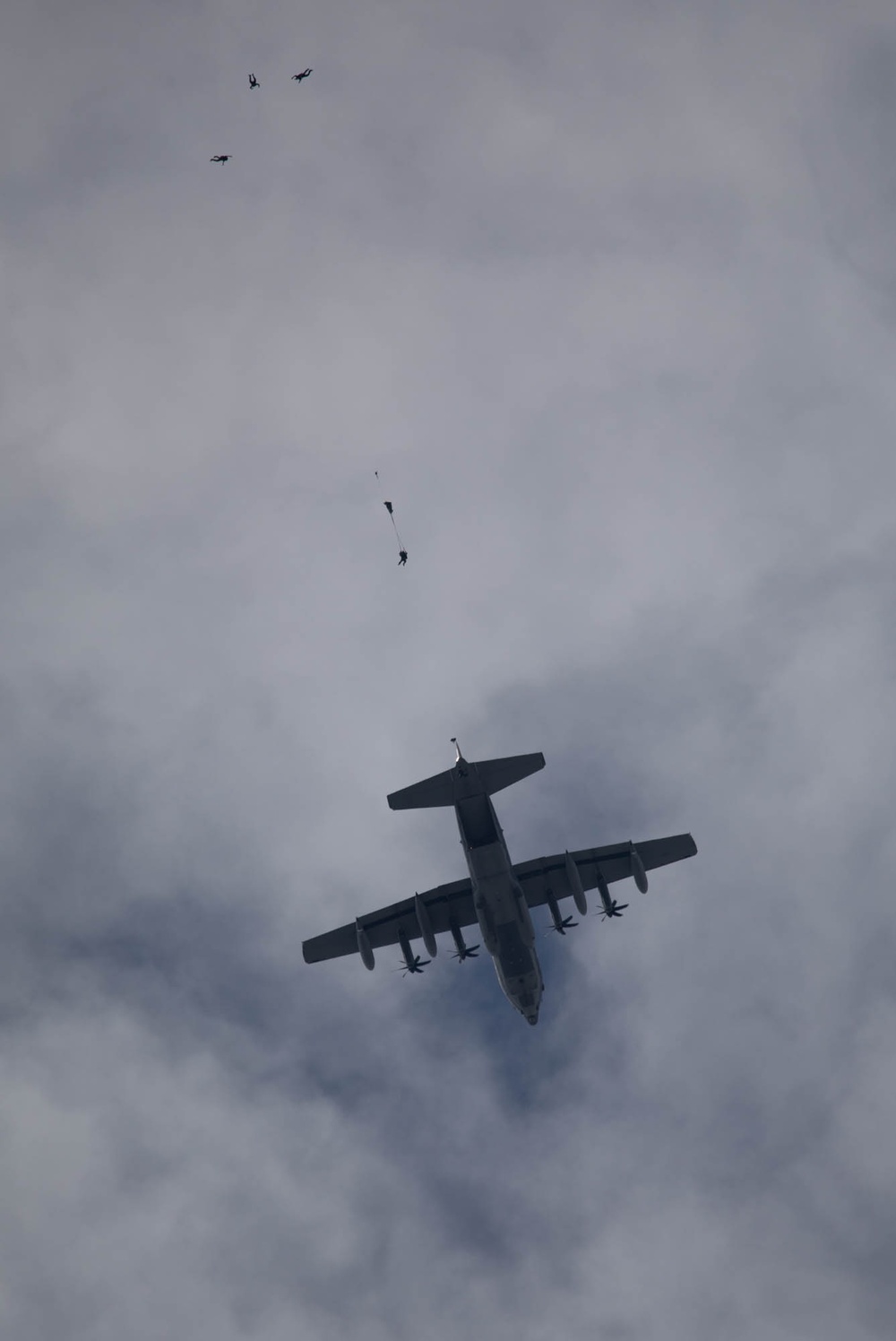 Service members and civilians perform a freefall jump near Amfreville, France