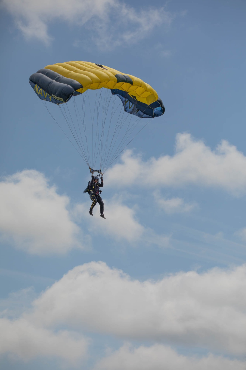 Service members and civilians perform a freefall jump near Amfreville, France