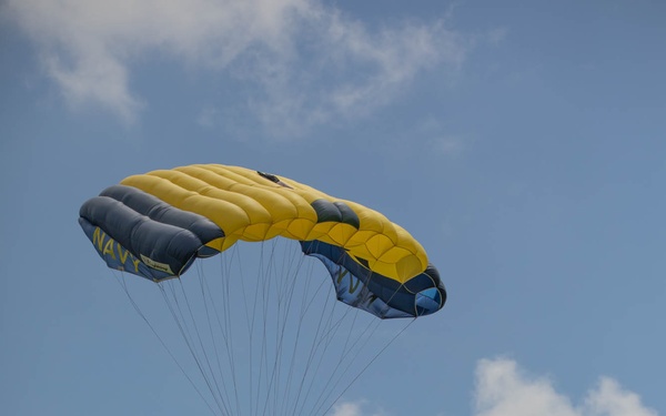 Service members and civilians perform a freefall jump near Amfreville, France