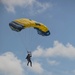 Service members and civilians perform a freefall jump near Amfreville, France