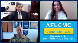 A thumbnail graphic for AFLCMC's "Leadership Log" podcast, episode 114.