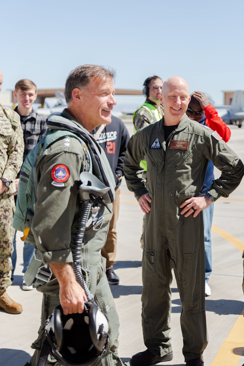 Admiral Aquilino is Greeted by NAWDC Commander, Rear Admiral Spencer