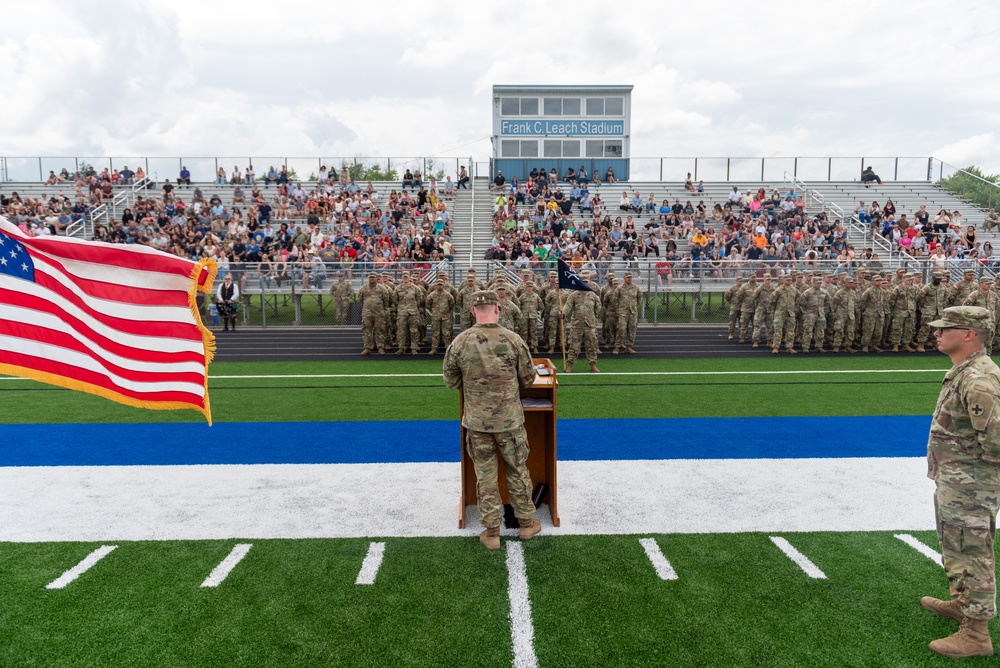 Company A, 1st Battalion, 178th Infantry Regiment mobilizes for deployment in Peoria, Illinois, June 4, 2024.