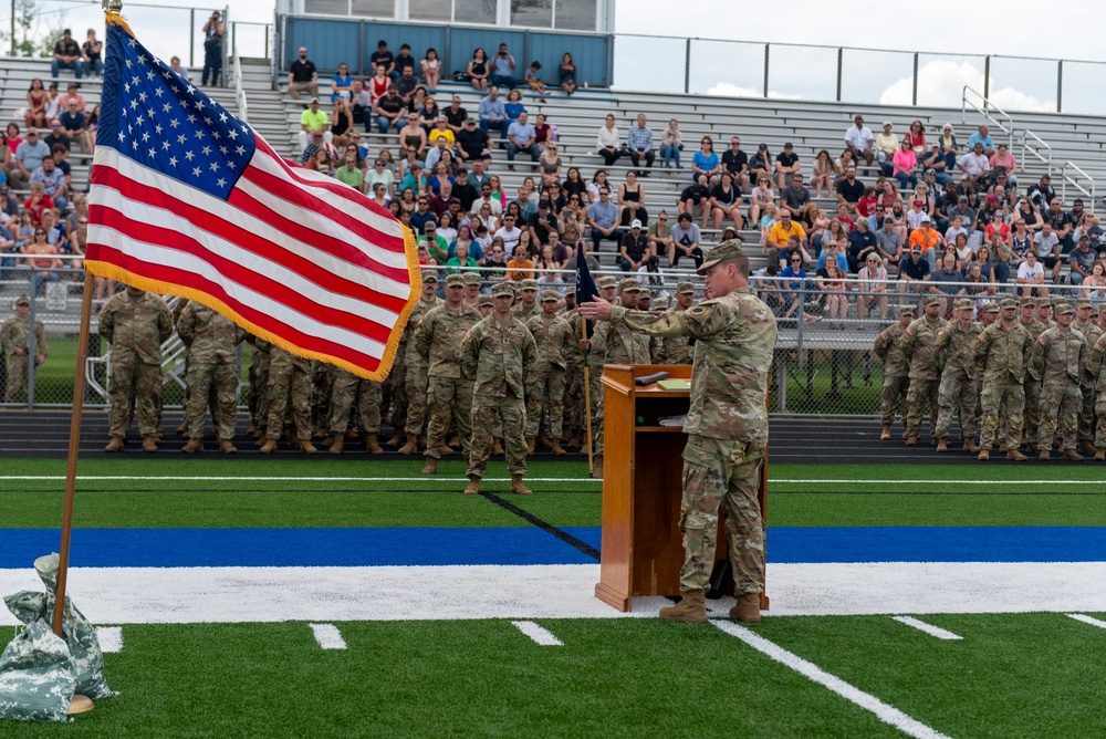 Company A, 1st Battalion, 178th Infantry Regiment mobilizes for deployment in Peoria, Illinois, June 4, 2024.