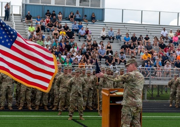 Company A, 1st Battalion, 178th Infantry Regiment mobilizes for deployment in Peoria, Illinois, June 4, 2024.
