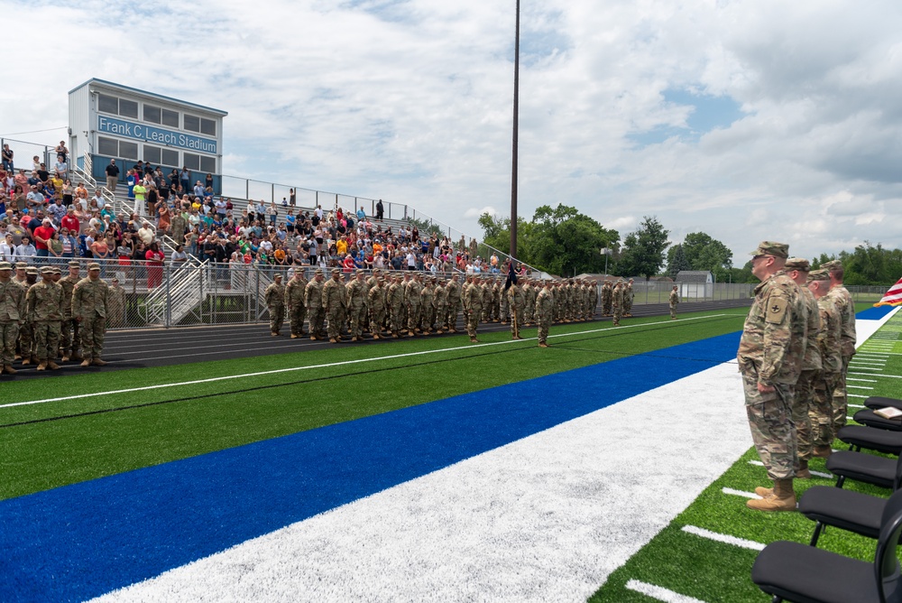 Company A, 1st Battalion, 178th Infantry Regiment mobilizes for deployment in Peoria, Illinois, June 4, 2024.