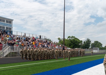 Company A, 1st Battalion, 178th Infantry Regiment mobilizes for deployment in Peoria, Illinois, June 4, 2024.