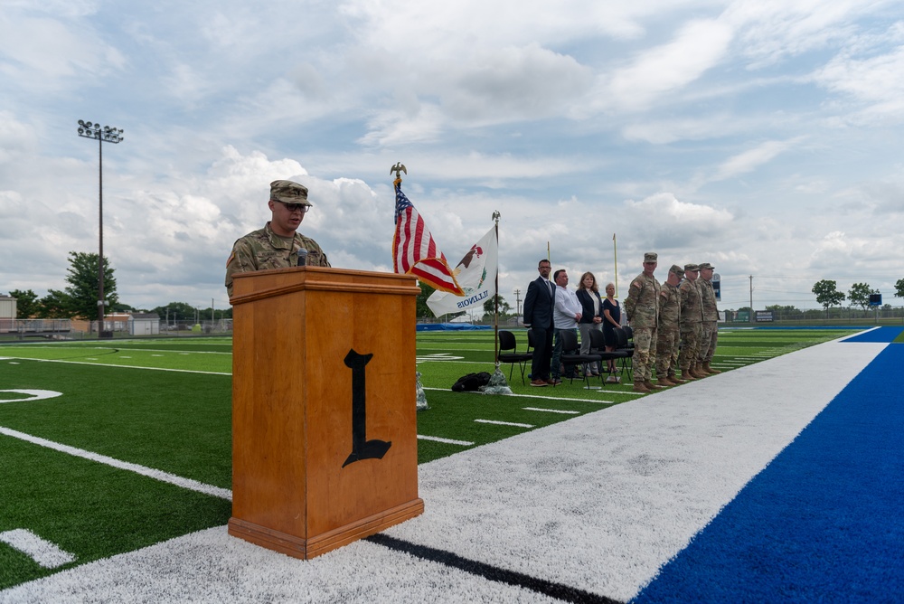 Company A, 1st Battalion, 178th Infantry Regiment mobilizes for deployment in Peoria, Illinois, June 4, 2024.