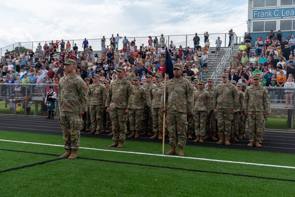 Company A, 1st Battalion, 178th Infantry Regiment mobilizes for deployment in Peoria, Illinois, June 4, 2024.