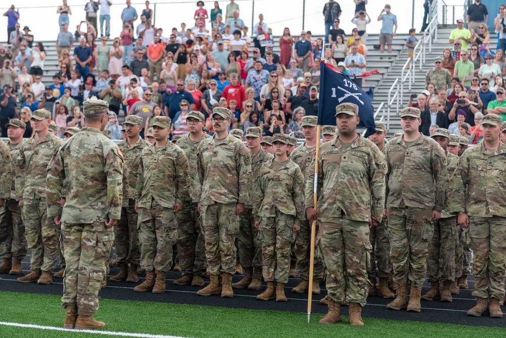 Company A, 1st Battalion, 178th Infantry Regiment mobilizes for deployment in Peoria, Illinois, June 4, 2024.