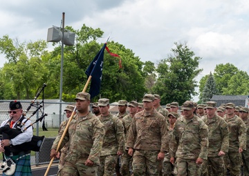Company A, 1st Battalion, 178th Infantry Regiment mobilizes for deployment in Peoria, Illinois, June 4, 2024.