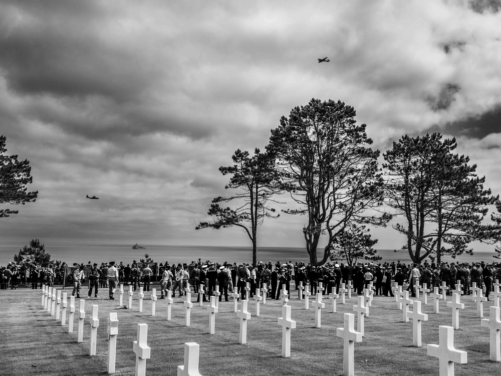 U.S. and French marines practice maneuvers over Omaha Beach