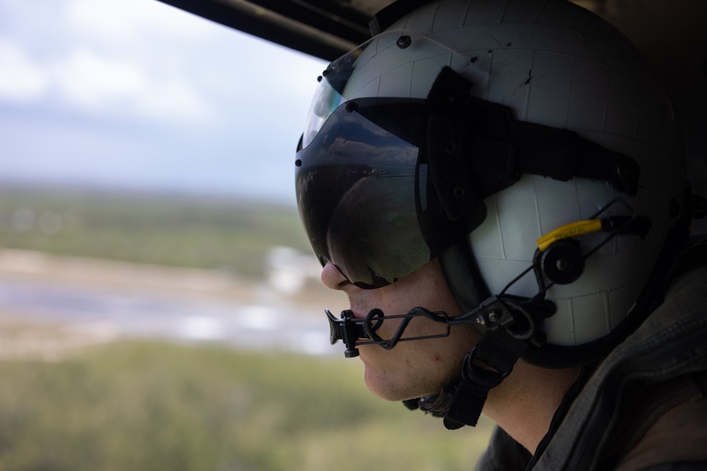 U.S. Marines with HMLA-167 perform a terrain-familiarization flight during Distributed Aviation Operations Exercise 24