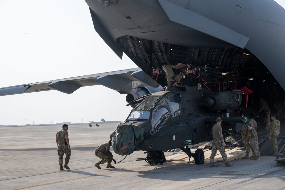 C-17 Globemaster III offload AH-64E Apaches in the USCENTCOM area of responsibility