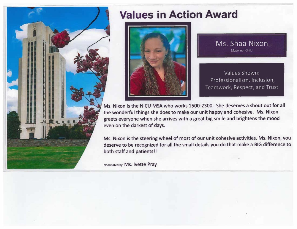 Walter Reed Medical Support Assistant Receives Values in Action Award