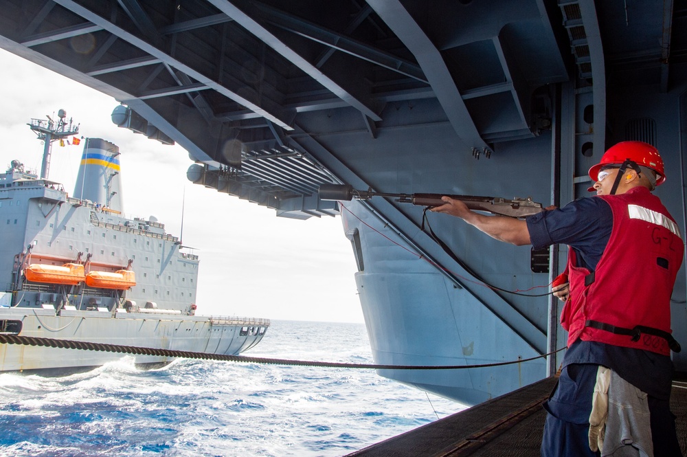 USS Ronald Reagan (CVN 76) conducts a fueling-at-sea and replenishment-at-sea with USNS Rappahannock (T-AO 204)