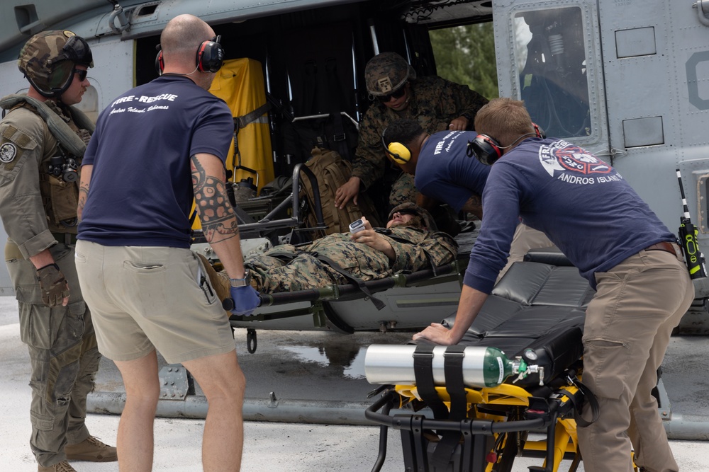 U.S. Marines and Sailors conduct simulated casualty evacuation operations during Distributed Aviation Operations Exercise 24