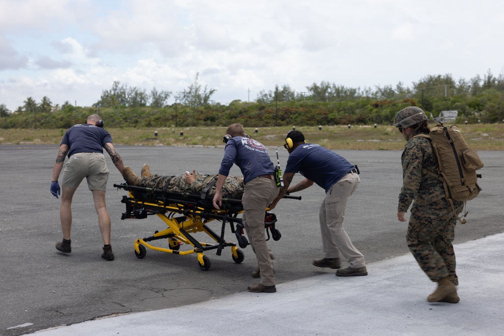 U.S. Marines and Sailors conduct simulated casualty evacuation operations during Distributed Aviation Operations Exercise 24