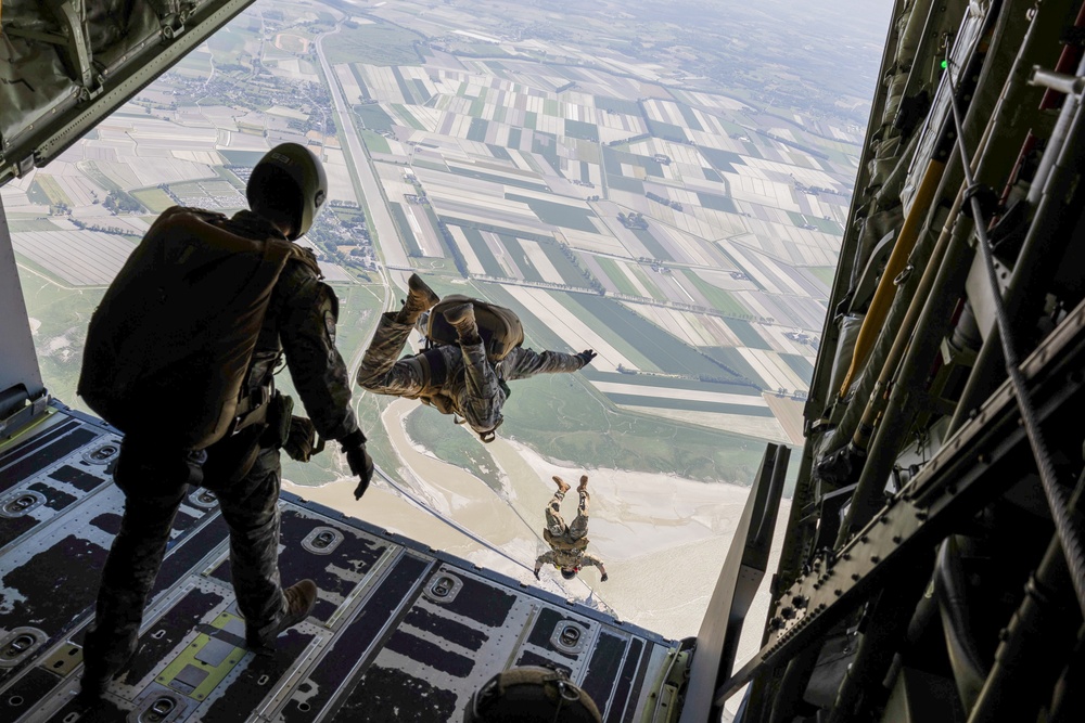 U.S. Air Force Special Tactics Airmen perform a freefall jump in honor of the 80th anniversary of D-Day