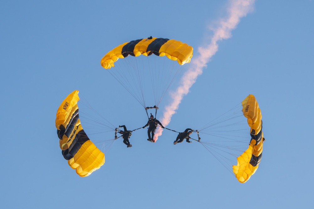 Soldiers from Army Golden Knights jump onto Utah Beach in Normandy, France for D-Day commemoration ceremonies