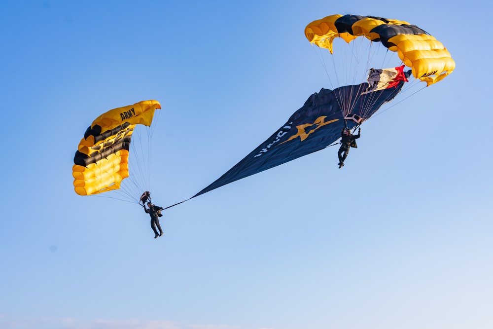 Soldiers from Army Golden Knights jump onto Utah Beach in Normandy, France for D-Day commemoration ceremonies