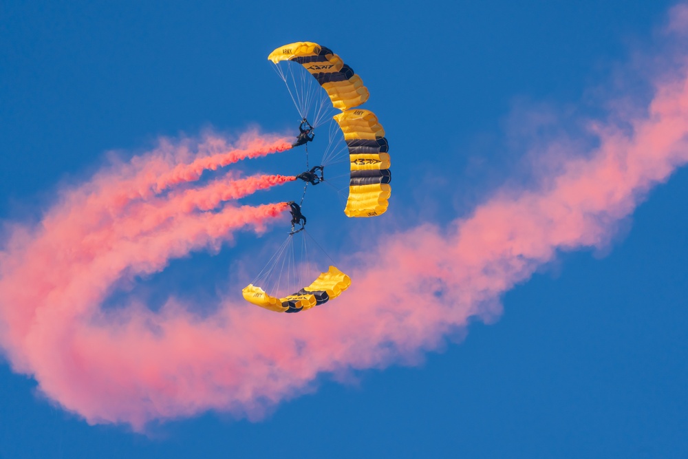 Soldiers from Army Golden Knights jump onto Utah Beach in Normandy, France for D-Day commemoration ceremonies