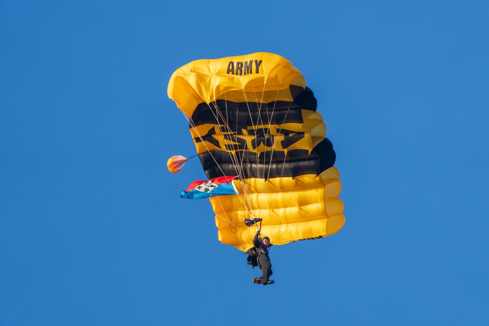 Soldiers from Army Golden Knights jump onto Utah Beach in Normandy, France for D-Day commemoration ceremonies