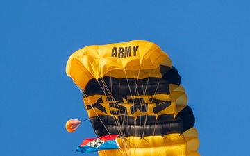 Soldiers from Army Golden Knights jump onto Utah Beach in Normandy, France for D-Day commemoration ceremonies