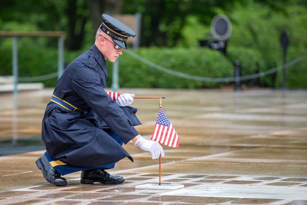 Tomb Sentinel Places Flags at the Tomb of the Unknown Soldier