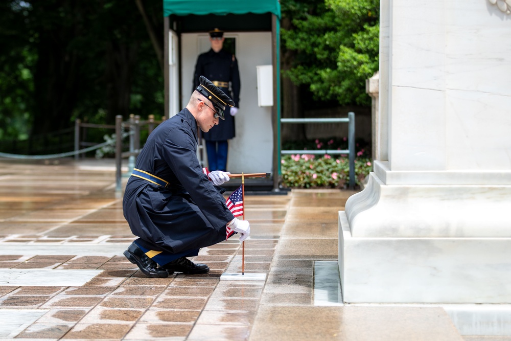 Tomb Sentinel Places Flags at the Tomb of the Unknown Soldier