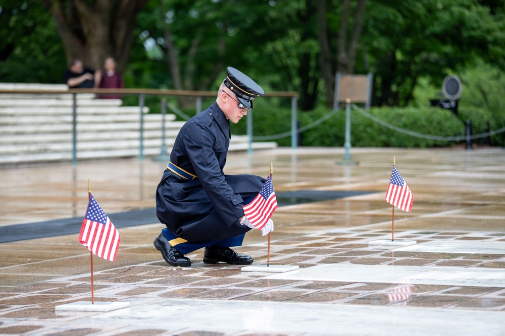 Tomb Sentinel Places Flags at the Tomb of the Unknown Soldier