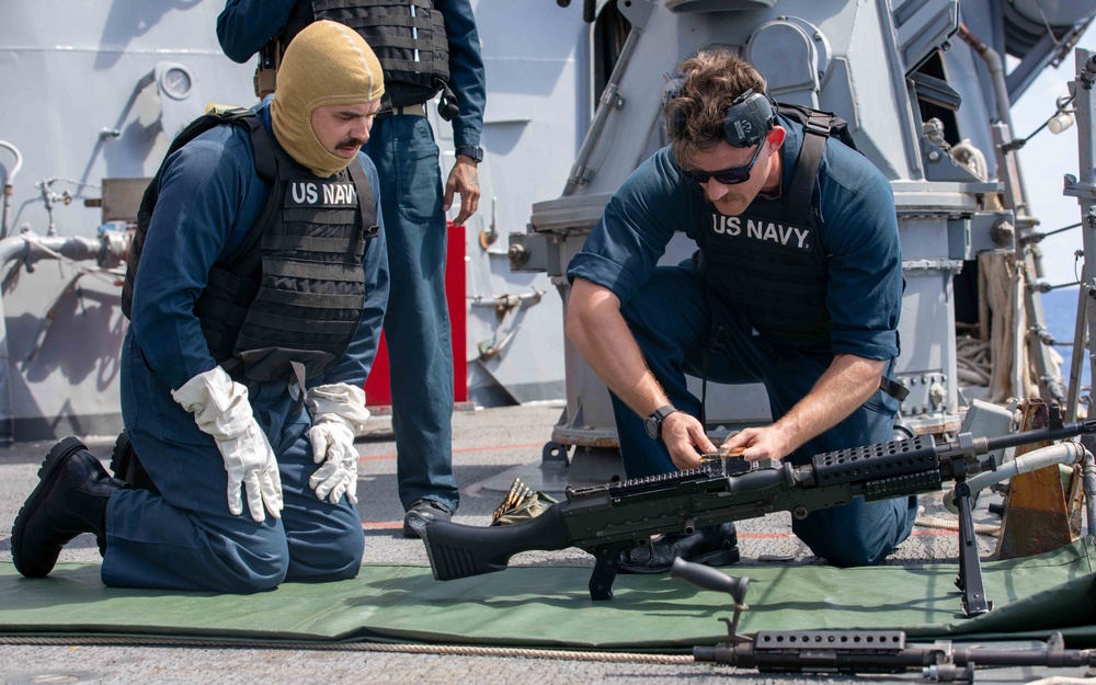 USS Russell (DDG 59) crew-served weapons shoot with commanding officer and executive officer