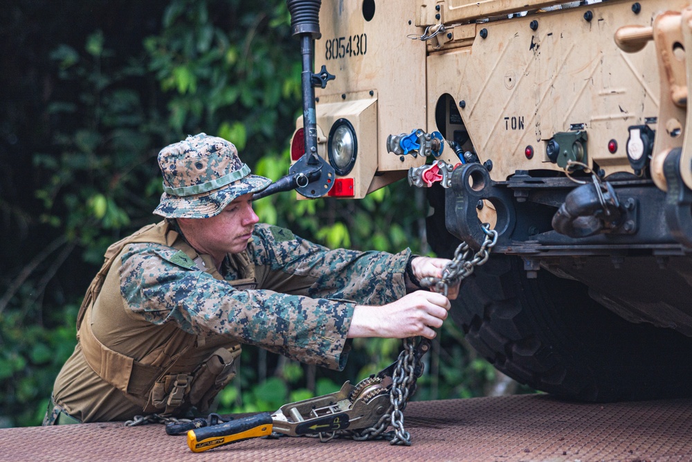 MRF-D 24.3: Tactical vehicles assigned to Fox Co., 2nd Bn., 5th Marines (Rein.) arrive in Tully for Jungle Warfare Training