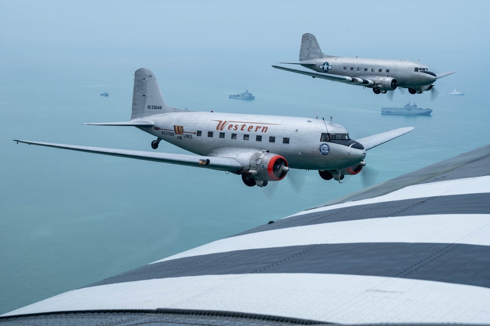 Legacy C-47s fly over Omaha Beach for D-Day 80