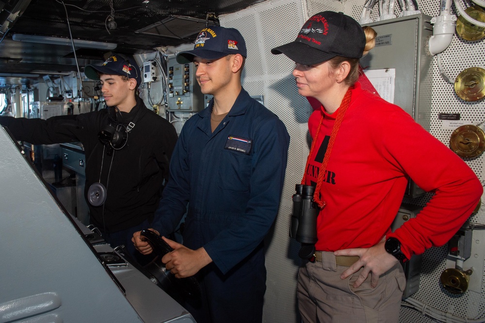 USS Ronald Reagan (CVN 76) Sailors stand watch in the pilot house