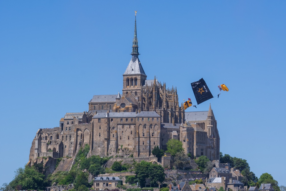 Soldiers from Army Golden Knights jump at Mont Saint- Michel Normandy, France for D-Day commemoration ceremonies