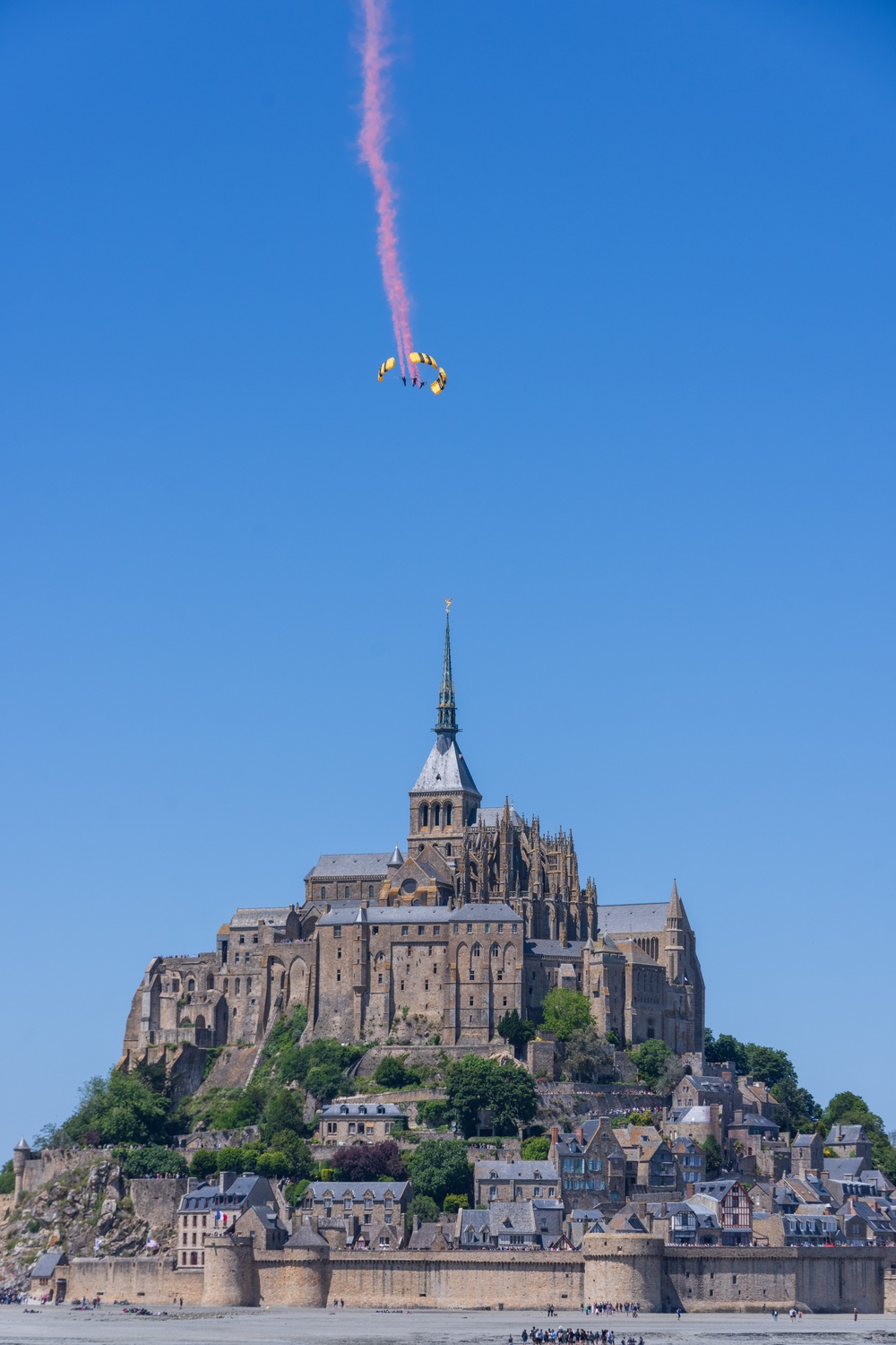 Soldiers from Army Golden Knights jump at Mont Saint- Michel Normandy, France for D-Day commemoration ceremonies