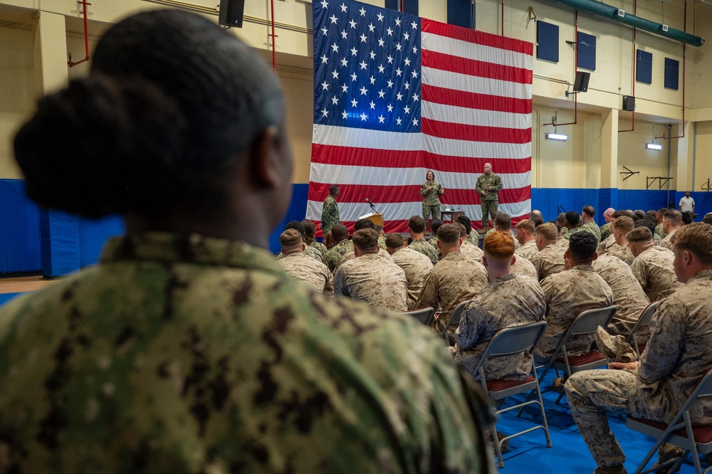 Chief of Naval Operations and Master Chief Petty Officer of the Navy Speak at an All Hands Call at U.S. Naval Forces Central Command