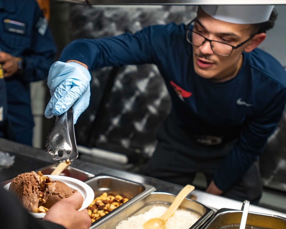 USS Ronald Reagan (CVN 76) Sailors serve Sunday brunch