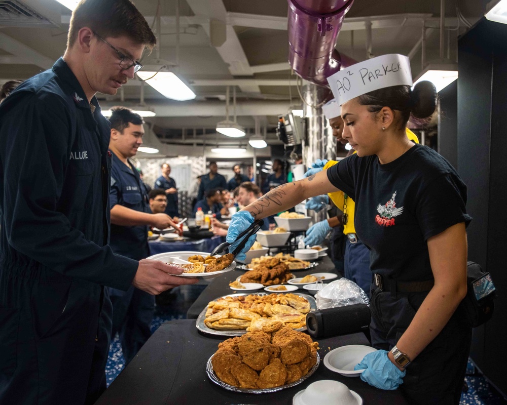 USS Ronald Reagan (CVN 76) Sailors serve Sunday brunch