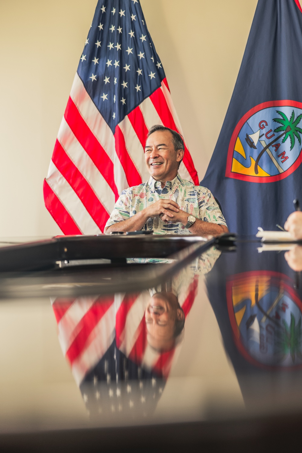 Rear Adm. Greg Huffman Introduces Rear Adm. Brent DeVore to Congressman Moylan in Guam
