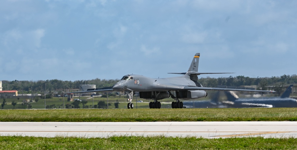 37th Expeditionary Bomb Squadron B-1B Lancers returns from a training mission during BTF 24-6
