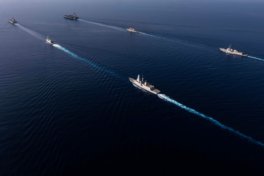 USS Dwight D. Eisenhower Carrier Strike Group Conducts Photoex with ITS Cavour Carrier Strike Group in the Red Sea