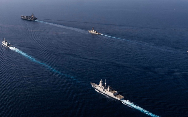 USS Dwight D. Eisenhower Carrier Strike Group Conducts Photoex with ITS Cavour Carrier Strike Group in the Red Sea