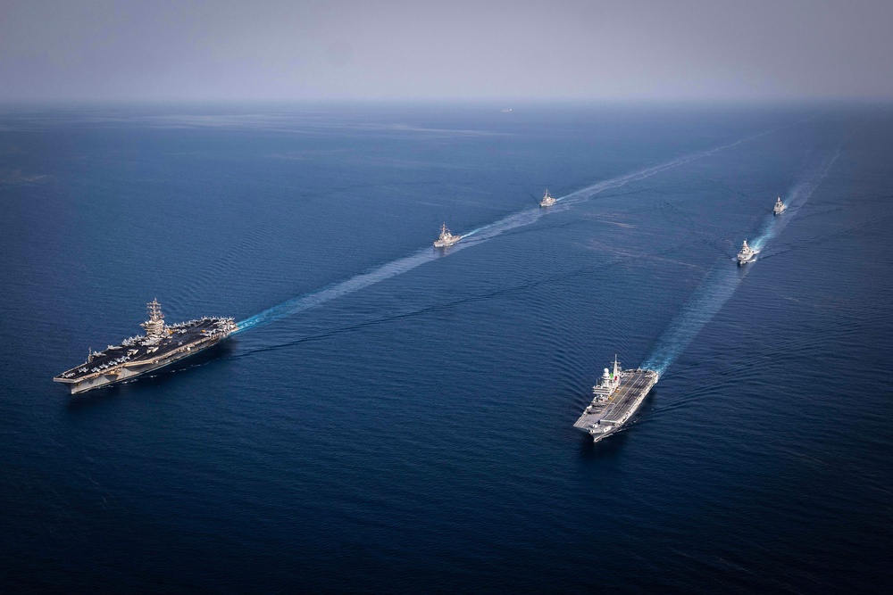 USS Dwight D. Eisenhower Carrier Strike Group Conducts Photoex with ITS Cavour Carrier Strike Group in the Red Sea